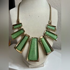 Gold Tone Glitter Green Geometric Stone Statement Bib Necklace 22”